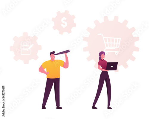Characters with Laptop and Spyglass at Shopping Trolley and Dollar Icons. Scm, Supply Chain Management, Procurement, Goods Purchase Deal between Seller and Buyer. Cartoon People Vector Illustration