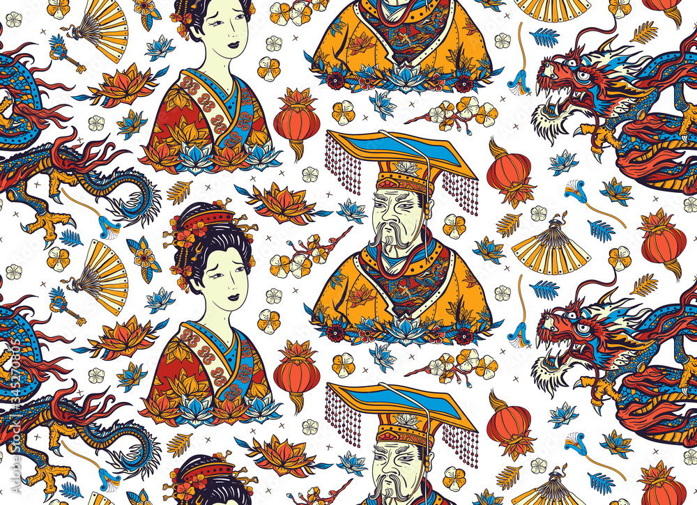 Colorful China seamless pattern. Chinese dragon, emperor, queen in traditional costume, fan, red lantern, lotus flower. Old school tattoo style. Ancient history and culture. Asian background