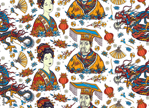 Colorful China seamless pattern. Chinese dragon  emperor  queen in traditional costume  fan  red lantern  lotus flower. Old school tattoo style. Ancient history and culture. Asian background