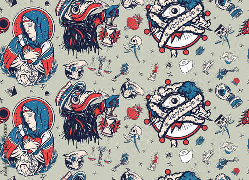 Coronavirus seamless pattern. Stay home background. Old school tattoo. Stop epidemic. Plague doctor, COVID-19 (SARS-CoV-2), Virgin Mary mourns the death of world, all seeing eye