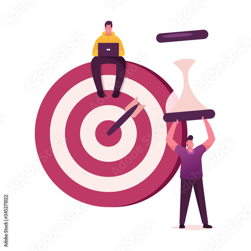 Priorities Organize. Businessmen Characters Sit on Huge Target with Arrow in Bullseye and Hold Hourglass. Business People Mission Achieved, Challenge, Goals Achievement. Cartoon Vector Illustration