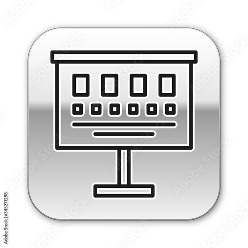 Black line Eye test chart icon isolated on white background. Poster for vision testing in ophthalmic study. Snellen chart. Silver square button. Vector Illustration