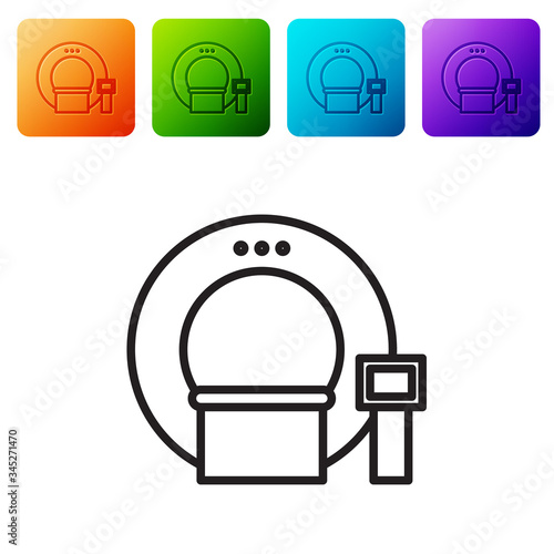Black line Tomography icon isolated on white background. Medical scanner, radiation. Diagnosis, radiology, magnetic resonance therapy. Set icons in color square buttons. Vector Illustration