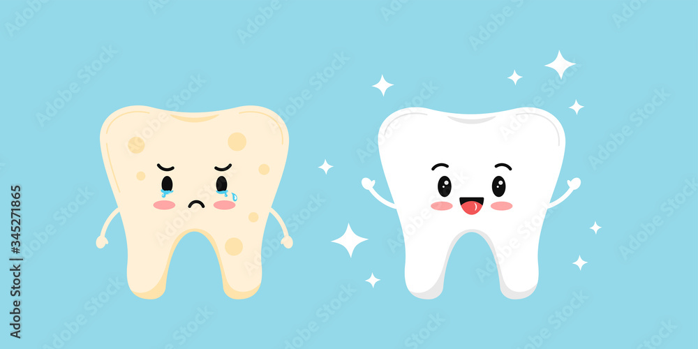 Cute white tooth and tooth with yellow stain plaque before, after icon set. Cute white tooth and tooth with yellow stain plaque before, after icon set.