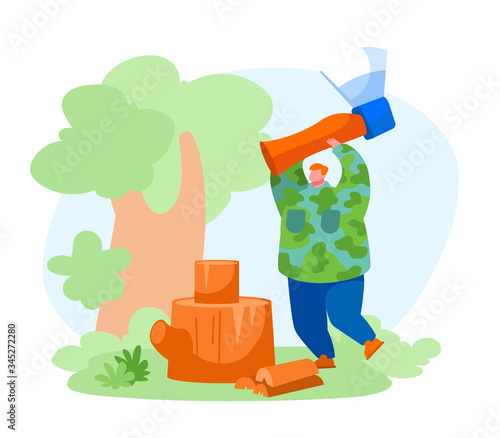 Camping Concept. Young Man Character Spend Time at Summer Camp in Forest Chopping Woods for Campfire. Hiking, Summertime Activity, Sparetime, Active Leisure on Nature. Cartoon Vector Illustration