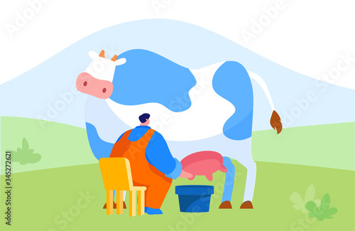 Young Milkmaid Man Character in Uniform Sitting on Chair and Milking Cow into Bucket. Milk and Dairy Farmer Agriculture Products, Farming Rancher Working on Animal Farm. Cartoon Vector Illustration