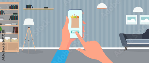 Order food and products over the phone. Order food at home. Food, hand holds a smartphone. Home delivery delivery concept. Vector.
