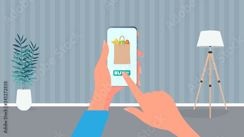 Order food and products over the phone. Order food at home. Food, hand holds a smartphone. Home delivery delivery concept. Vector.