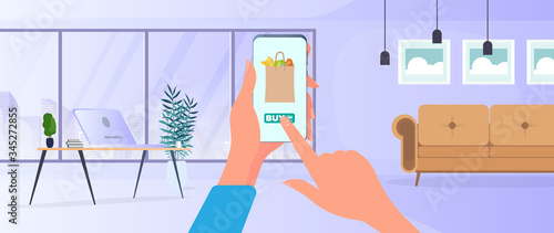 Order food and products over the phone. Order food at home. Food, hand holds a smartphone. Home delivery delivery concept. Vector.