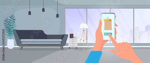 Order food and products over the phone. Order food at home. Food, hand holds a smartphone. Home delivery delivery concept. Vector.