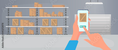Ordering a package via phone. Online ordering goods from stock. Large warehouse with drawers. Rack with drawers and boxes. Carton boxes. Vector.