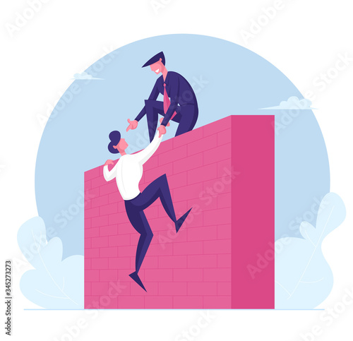 Business Leader Character Help Colleague Climb on Top of High Wall. Businessman Help Teammate to Overcome Problems. Teamwork, Leadership Mutual Assistance Concept. Cartoon People Vector Illustration