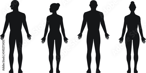 Human silhouette male and female, man and woman realistic black isolated vector icon set