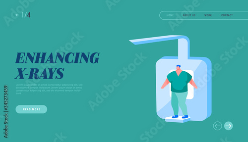 Lungs Tomography, Fluorographic, X-ray Medical Diagnostics Checkup Landing Page Template. Male Character with Pulmonology Disease, Pathology. Patient Scan Image Diagnosis. Cartoon Vector Illustration