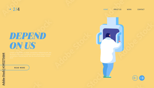 Radiology Scanner Equipment, Mri Landing Page Template. Pulmonology Doctor Character Working in Clinic Tomography Checking Diagnosis. Lung Fluorographic, X-ray Diagnostics. Cartoon Vector Illustration