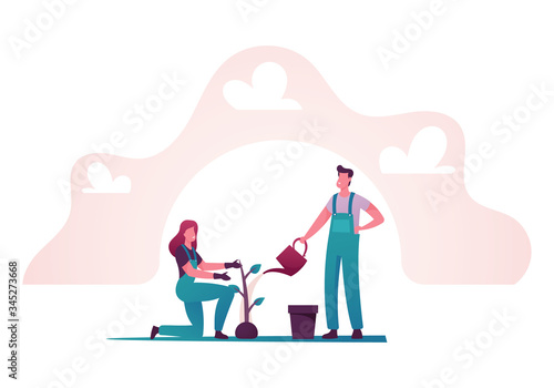Happy People Gardening, Planting and Watering Plants from Can. Man and Woman Characters Caring of Flowers and Herbs on Earth. Biodiversity, Horticulture and Olericulture. Cartoon Vector Illustration
