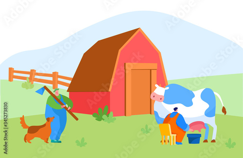 Milkmaid and Shepherd Male Characters in Working on Farm. Man Milking Cow into Bucket. Milk and Dairy Farmer Agriculture Products, Farming Rancher Working on Animal Ranch. Cartoon Vector Illustration