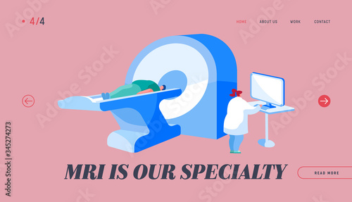 Health Care Check Up Scanning Landing Page Template. Doctor Character Looking at Result of Patient Scan on Computer Monitor Front of Mri Machine with Man Lying Down. Cartoon People Vector Illustration