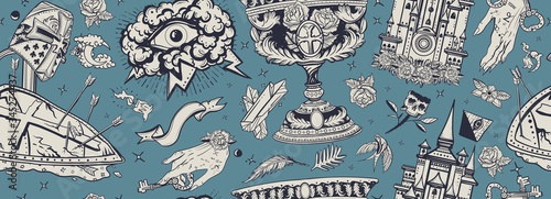 Medieval. Seamless pattern. Warrior crusader, sacred holy grail, ancient castle, occult hands, all seeing eye, sword and arrows. Middle age art