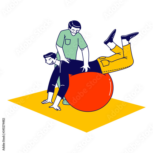 Physio Therapist Character Work with Sick Man Patient Isolated on White Background. Athlete Rehabilitation at Convalescent Center Specialist Use Fitball for Training People. Linear Vector Illustration