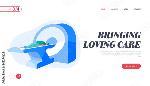 Tomography, Magnetic Resonance Imaging Landing Page Template. Digital Technology in Medicine Diagnostic. Medical Health Care, Male Character Patient Lying at Mri Scanner. Cartoon Vector Illustration