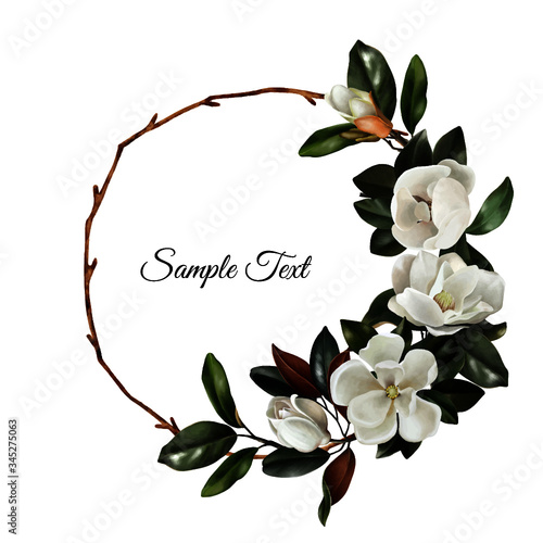 Hand drawn realistic floral wreath with white magnolias flowers and green leaves