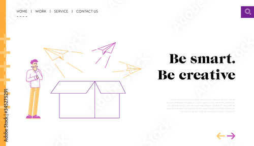 Alternative Thinking, Business and Life Innovation Landing Page Template. Male Character Stand front of Huge Open Carton Box Watching on Paper Airplanes Flying Outside. Linear Vector Illustration