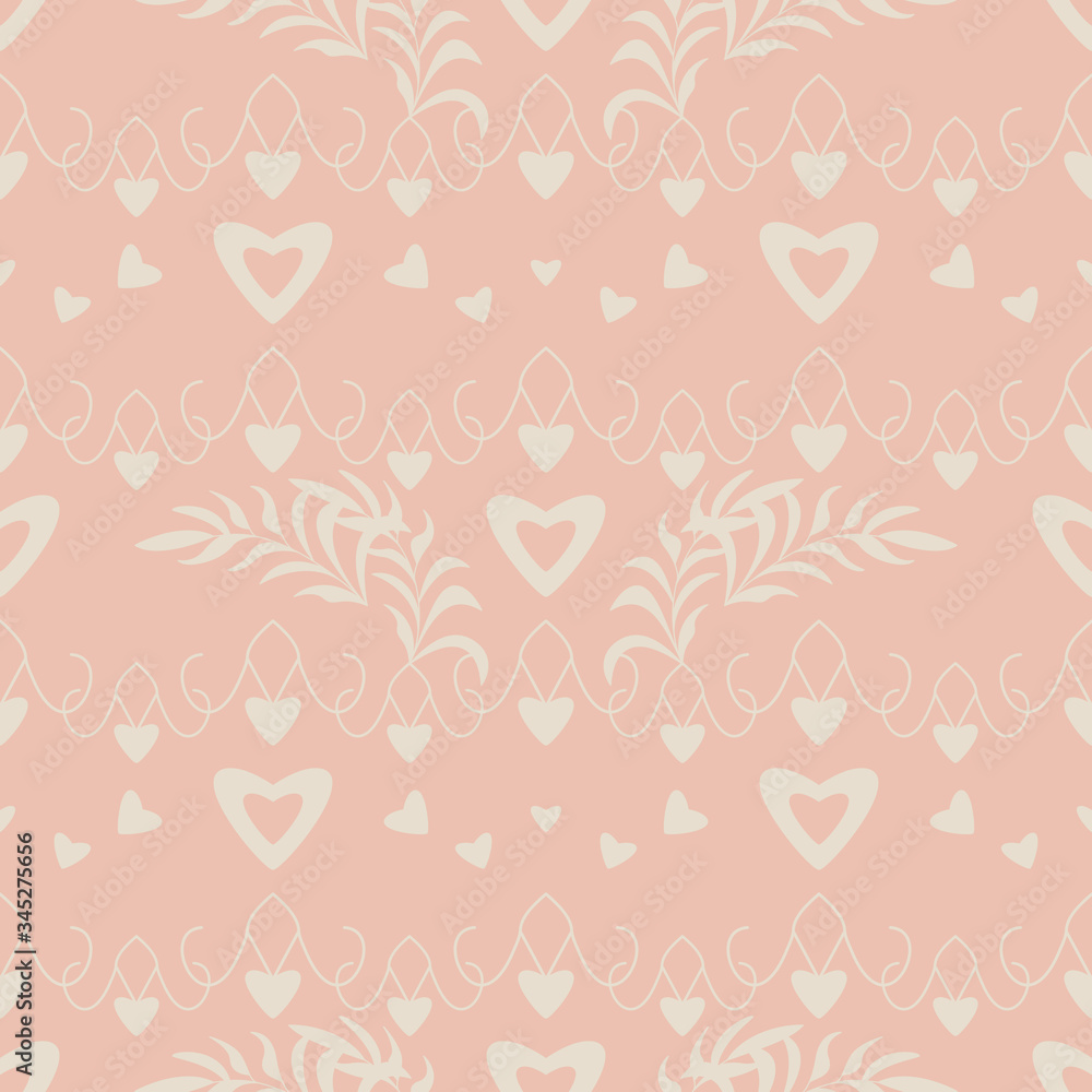 Seamless pattern with hearts, little hearts and  leaves. Color orange and ivory cream Pastel colors. Vector