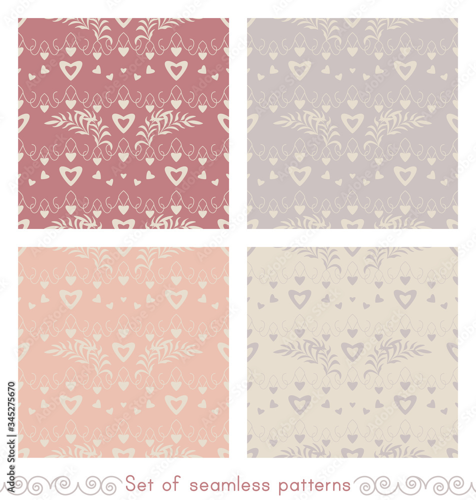 Set of seamless patterns with hearts, little hearts and  leaves. Color ivory cream, grey, orange and red. Pastel colors. Vector