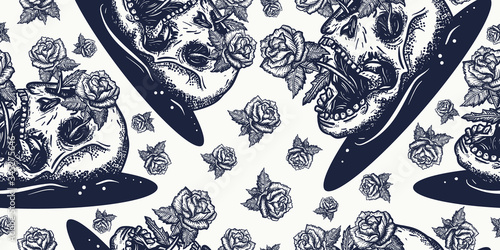 Skull and red roses flowers. Floral gothic, dark fairy tale background. Seamless pattern. Symbol life and death, beginning and end
