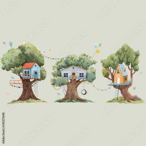 Beautiful vector set with three cute watercolor children tree houses. Stock illustration.