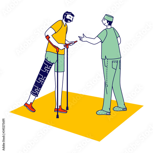 Rehabilitation Disabled Physiotherapy. Correction of Lost Physical Abilities Body with Help Therapeutic. Injured Man Character Engaged Adaptive Physical Education. Linear People Vector Illustration