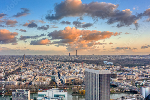 Aerial drone shot of Levallois Neuilly Paris with Eiffel Tower tour montparnasse, jardin d'acclimation from La Defense area photo