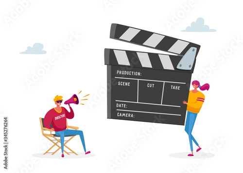 Movie Making Process with Director Character Using Megaphone and Staff with Equipment for Recording Film. Woman Assistant with Clapper Indicating Numbers of Takes. Cartoon People Vector Illustration