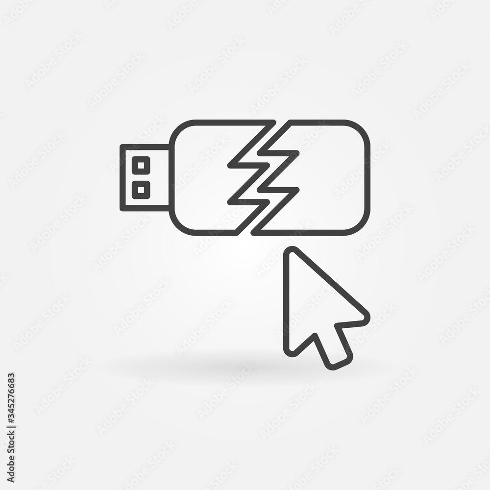 Mouse click on Damaged USB Stick vector outline icon or symbol Mouse click on Damaged USB Stick vector outline icon or symbol