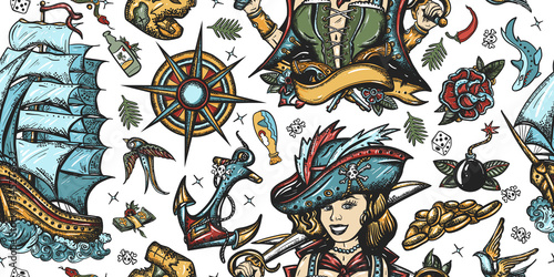 Pirate seamless pattern. Ship in storm, captain girl filibuster, compass, anchor, treasure island, swallows. Caribbean robbers. Traditional tattooing style. Sea adventure background