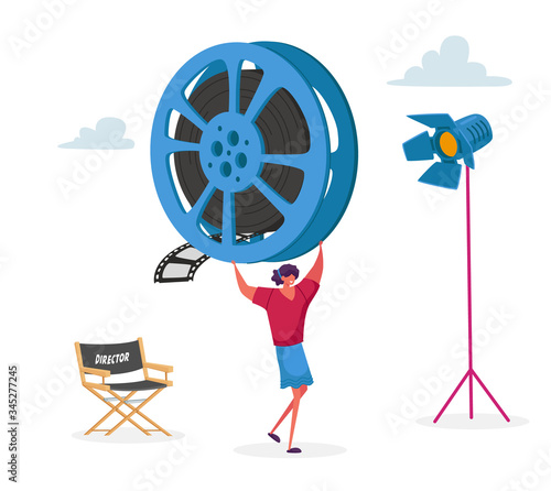 Female Character Take Part in Movie Making Process. Staff with Professional Equipment for Recording Film. Woman Carry Huge Reel Film Bobbin. Cinematograph Industry, Cinema. Cartoon Vector Illustration