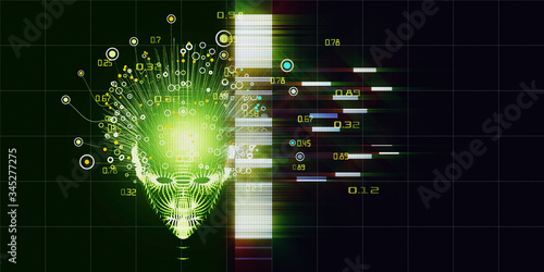 Big data. Polygonal head front view and data. Abstract artificial intelligence background with glow lines. Machine learning research concept.