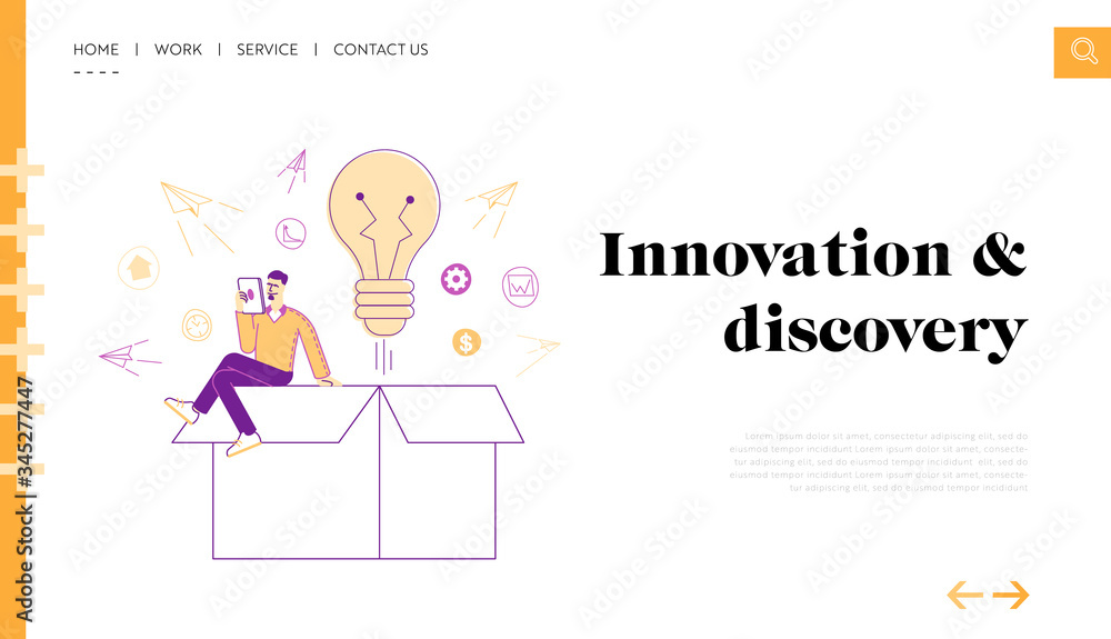 Leaving of Mind Limits, Dreaming, Start Up Landing Page Template. Tiny Male Character with Tablet Sit on Huge Box with Light Bulb and Paper Airplanes Flying Out of Package. Linear Vector Illustration Leaving of Mind Limits, Dreaming, Start Up Landing Page Template. Tiny Male Character with Tablet Sit on Huge Box with Light Bulb and Paper Airplanes Flying Out of Package. Linear Vector Illustration
