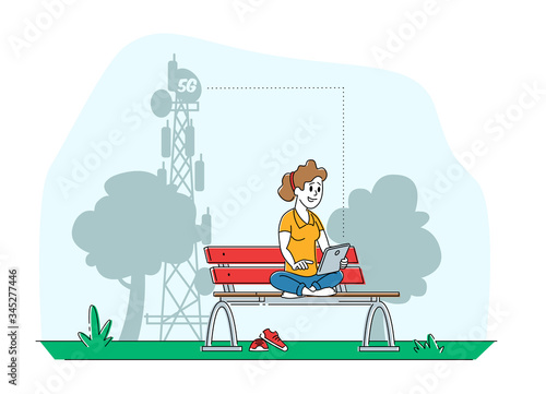 Social Media Networking Technology. Young Woman Character Sitting on Bench with Tablet in Hands Communicating Online and Watching HD Tv Programs Use High-speed 5G Internet. Linear Vector Illustration