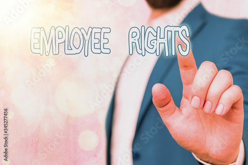 Text sign showing Employee Rights. Business photo showcasing All employees have basic rights in their own workplace photo
