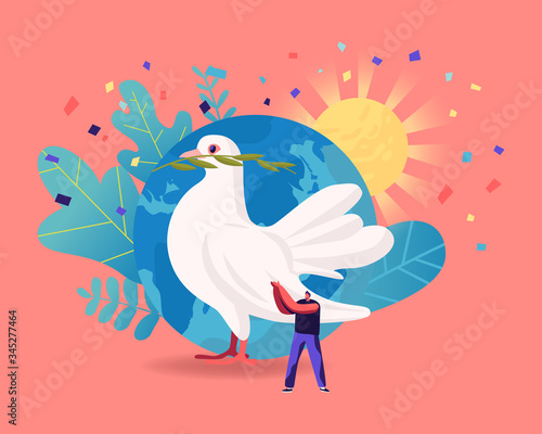 International Day of Peace, Worldwide Antiwar Campaign, Humanity Concept. Tiny Male Character Stand at Earth Globe with Sun Shine and Huge Dove Carrying Leaf Branch. Cartoon People Vector Illustration