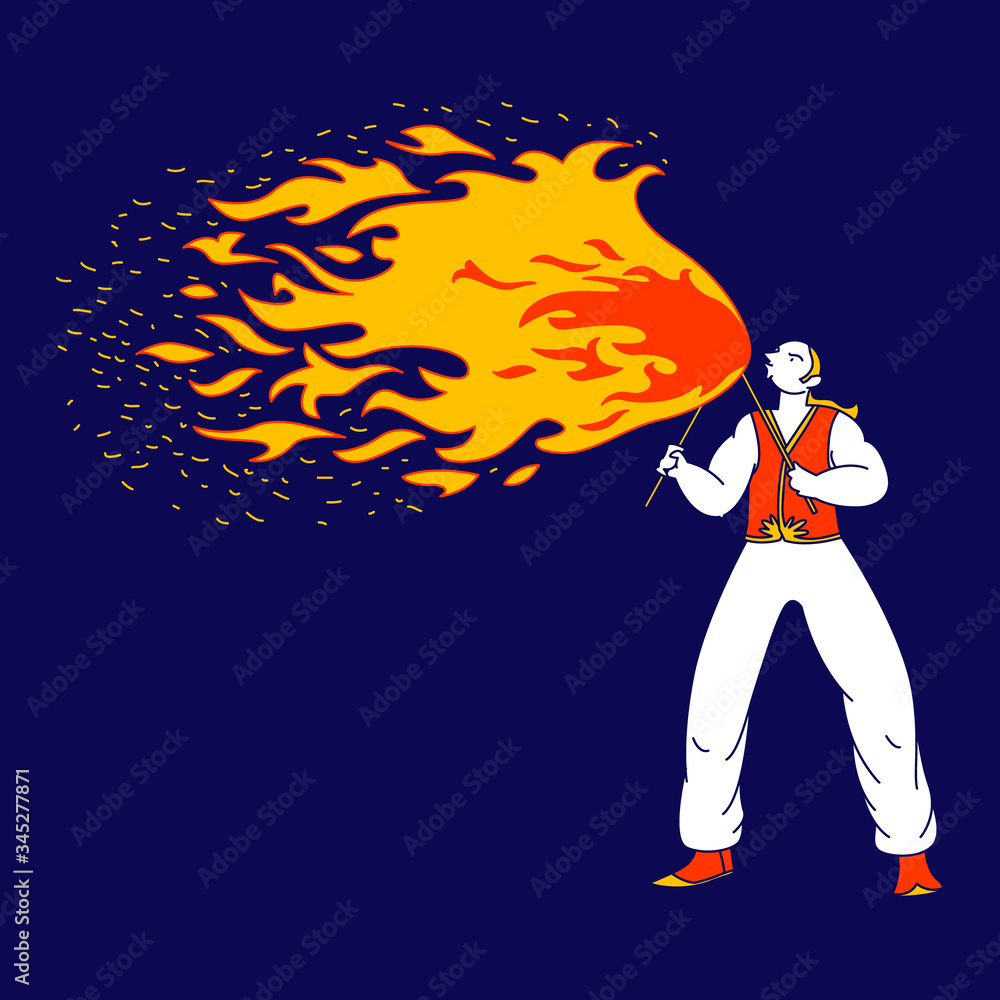 Young Man Fakir Character Dancing and Juggling with Fire on Stage Performing Talent Show Program for Judges and Viewers. Flame Entertainment, Street Fair, Circus Amusement. Linear Vector Illustration