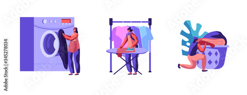 Set Tiny Female Characters Working in Laundry Loading Dirty Clothes to Washing Machine, Ironing, Collect Clean Linen to Basket. Wash Service in Public Launderette. Cartoon People Vector Illustration