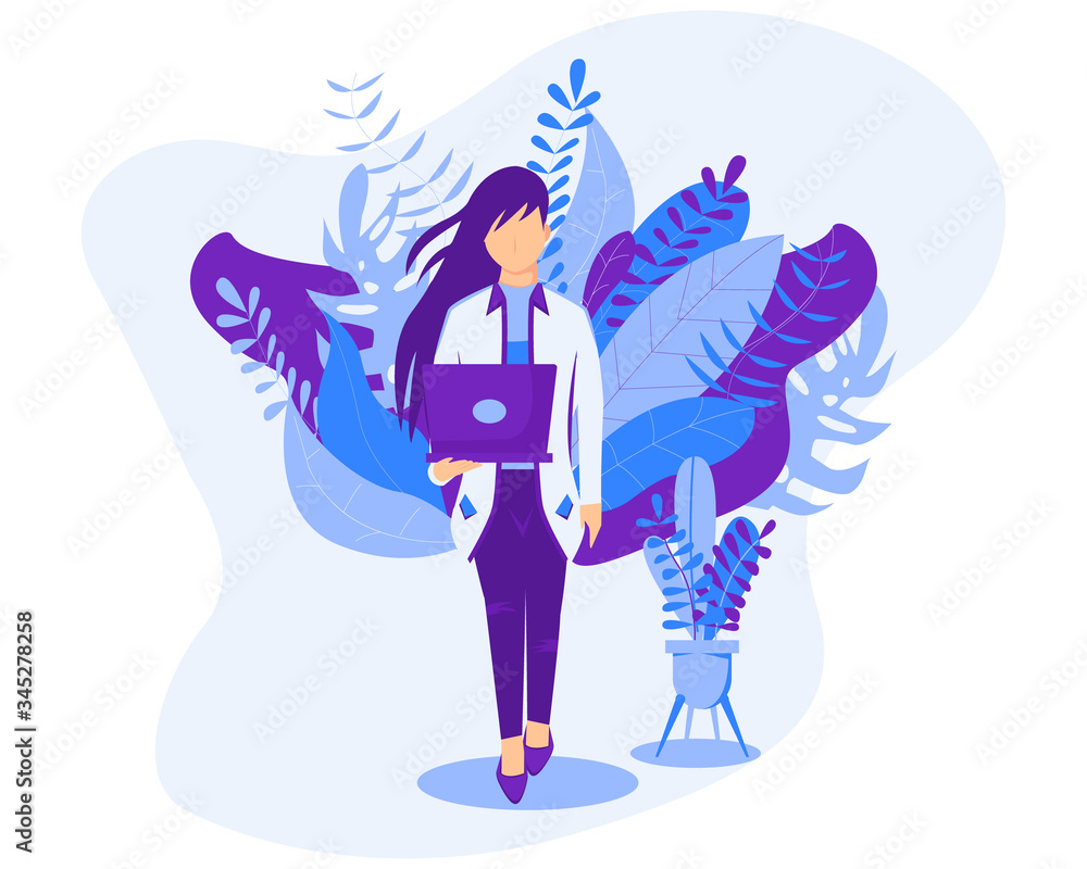 Work in home design concepts. A freelance woman works in front of a laptop at her home. Vector illustration of isolated on a white background. Online study, education.