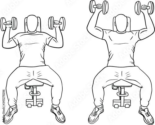 the athlete performs sports exercises dumbbell press at an angle in a graphic, minimalistic style, gym, workout, decor for sports magazine, guide, instructions, banner, poster, poster, uniform, bag