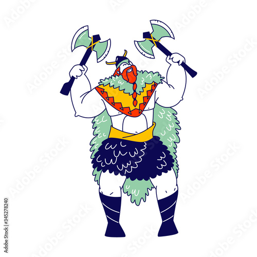 Viking, Scandinavian Warrior Male Character with Tressed Beard Wear Skin and Helmet with Horns Holding Armor Axes Isolated on White Background