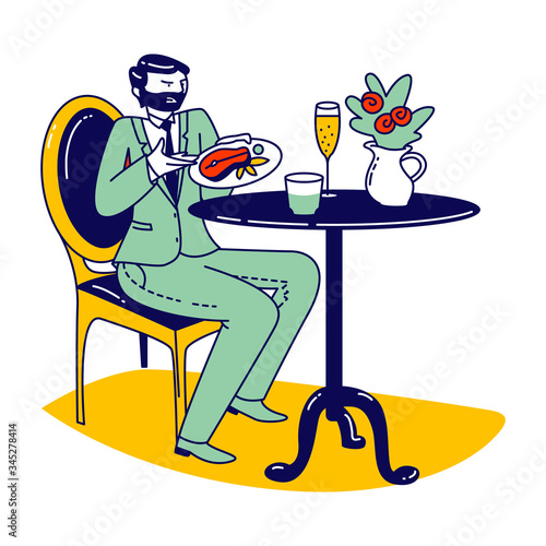 Squeamish Male Character Disappointed with Bad Service in Restaurant. Businessman with Fastidious Face Looking on Plate with Disgusting Dish. Poor Quality Cafe Hospitality. Linear Vector Illustration