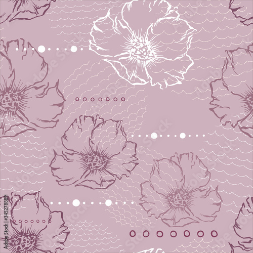 Vector Ink flower pattern. White floral background. Pink outline hand drawing flower pattern. Doodles elements with flowers.