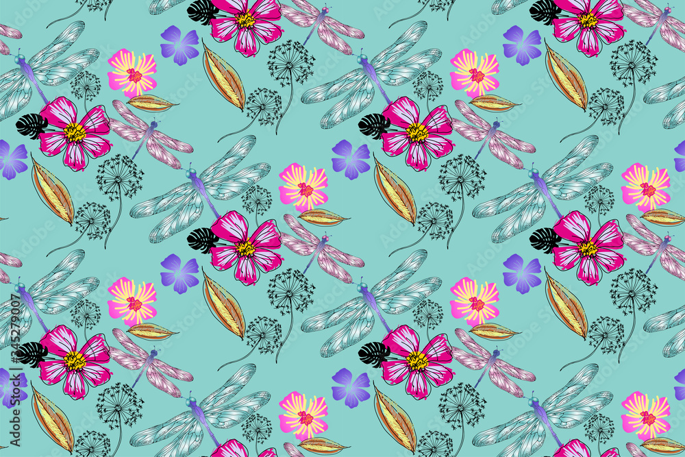 Dragonfly seamless pattern. Vector illustration. Suitable for fabric, mural, wallpapers, wrapping paper and the like